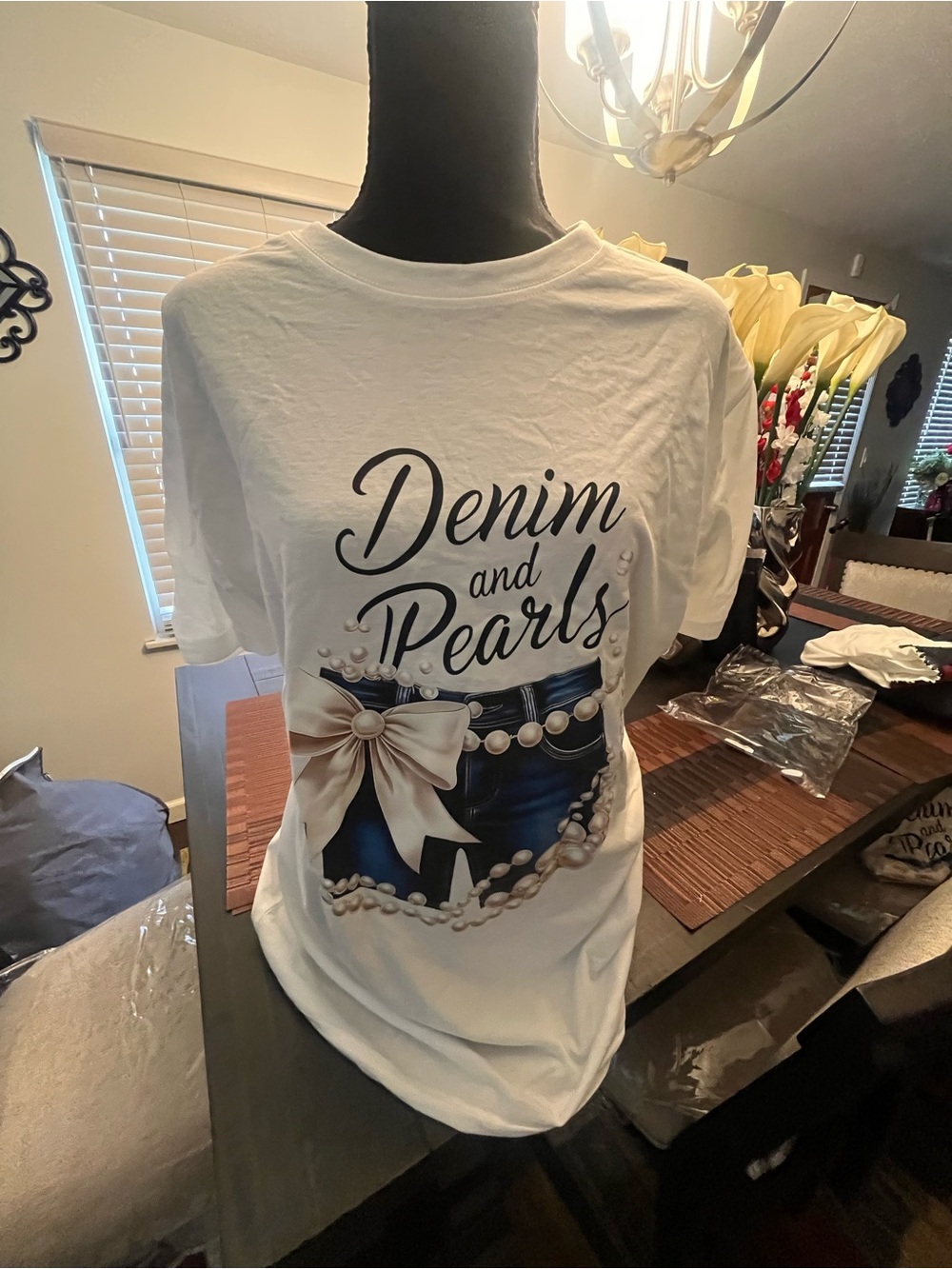 Denim and Pearls Graphic Tee - White with Navy and Cream Print